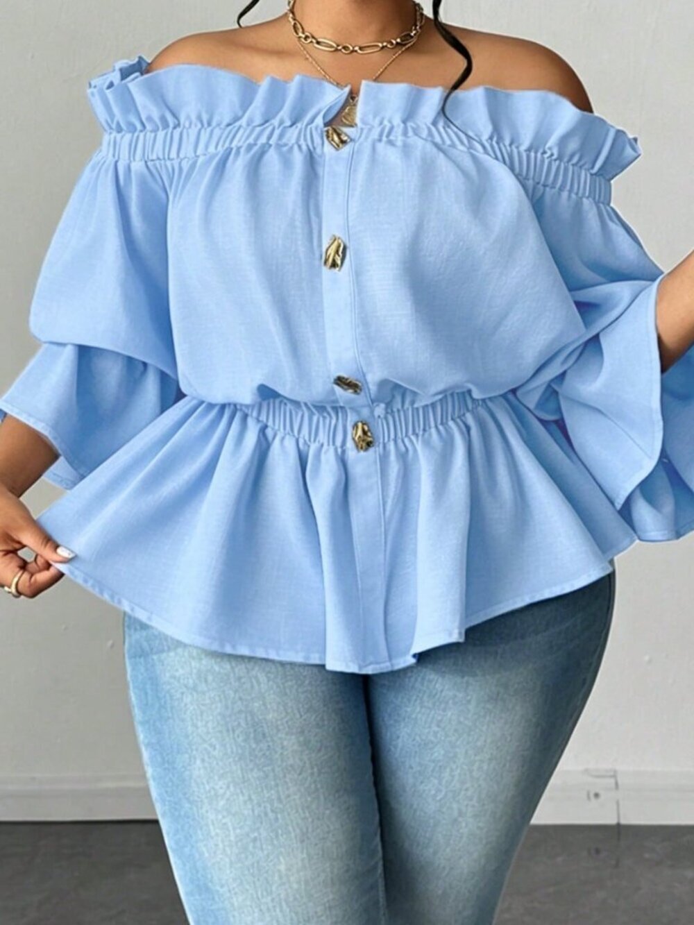 Blue Casual Women's Plus Size Off-Shoulder Ruched Blouse